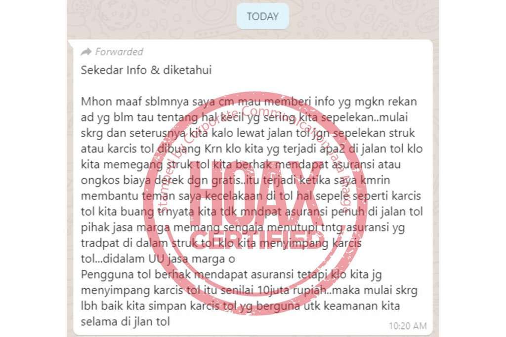 Hoax! Struk Tol Bisa Asuransi, Ini Jawaban Jasa Marga Hoax! Struk Tol Bisa Asuransi, Ini Jawaban Jasa Marga